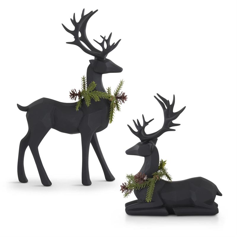 Deer, Set/2 Black Modern w/Pine Wreath 7.75/11.25&quot;
