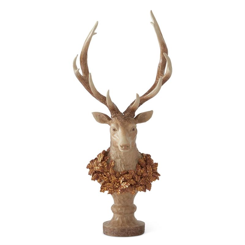 Deer, 30.5&quot; Faux Woodgrain Deer on Bust on Pedestal w/Gold Wreath