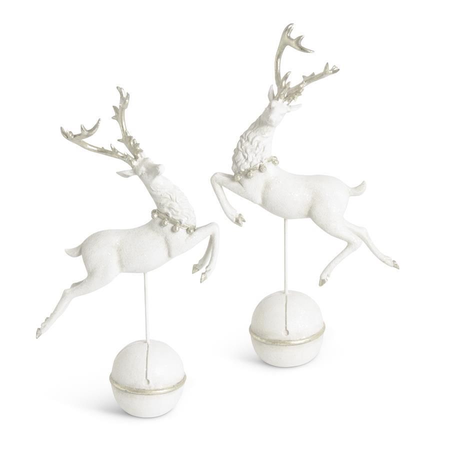 Reindeer, Set/2 White Glittered Prancing w/Gold Antlers on Bell