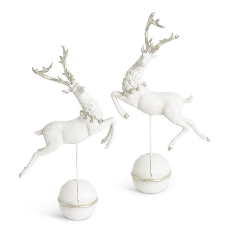 Reindeer, Set/2 White Glittered Prancing w/Gold Antlers on Bell