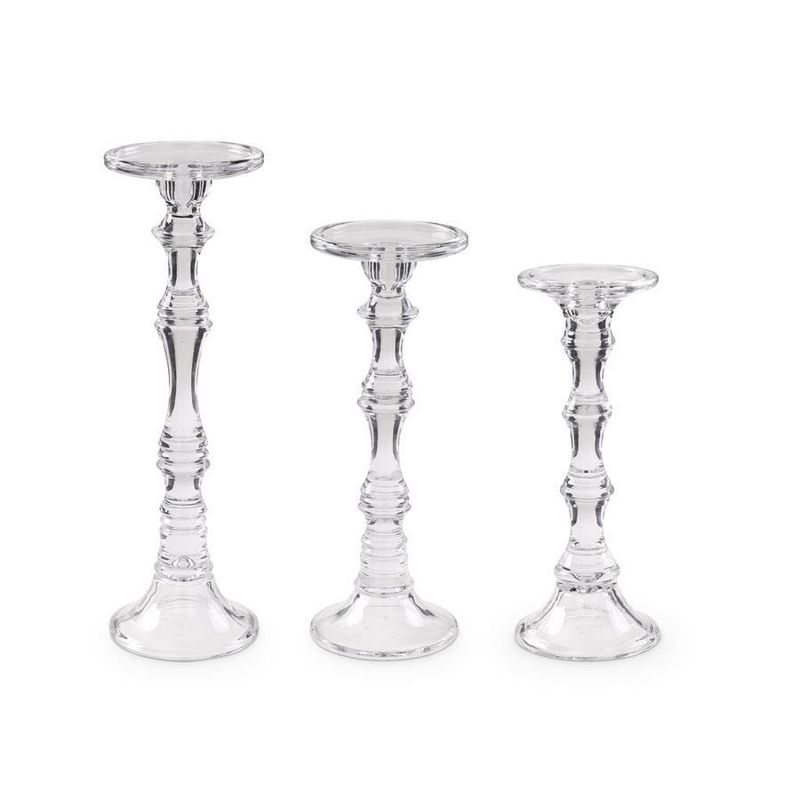 Candle Holder, Set/3 Transparent Glass Taper/Pillar 7.5"/9.75"/12"
