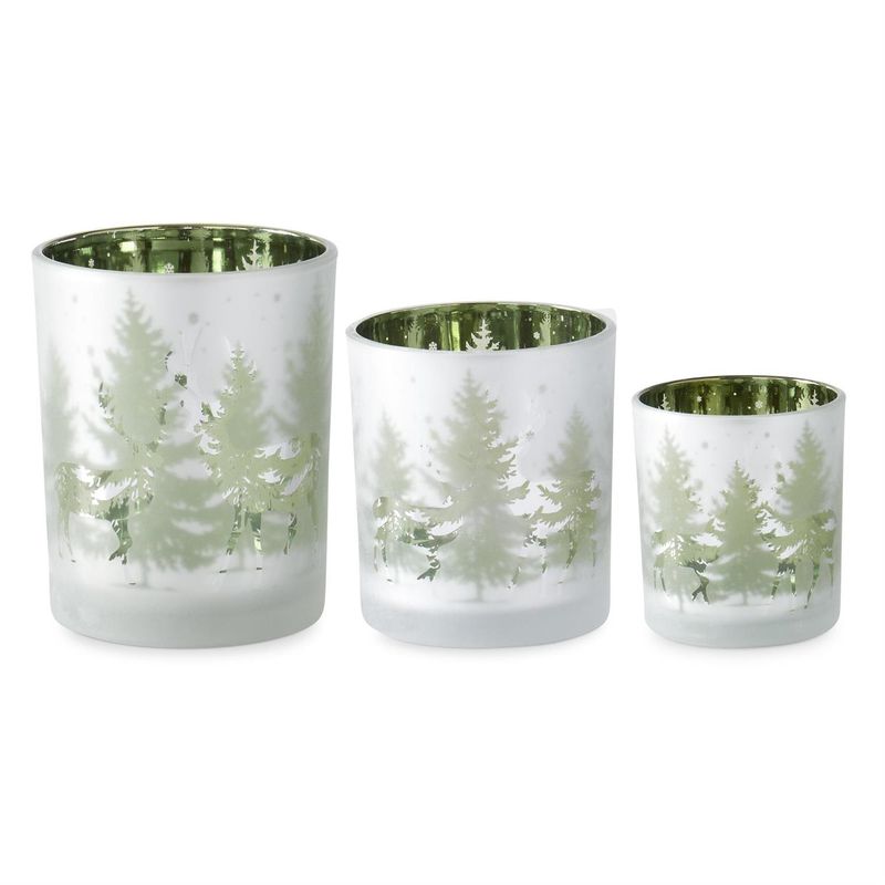 Candle Holder, Set/3 Frosted Glass w/Green Interior Deer Winter Scene
