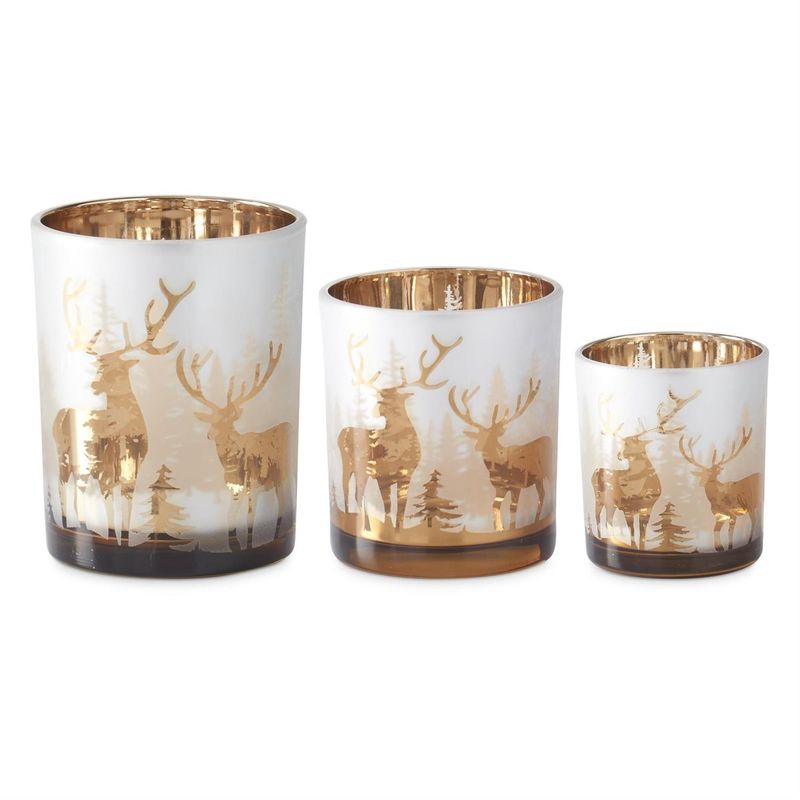 Candle Holder, Set/3 Frosted Glass w/Rose Gold Interior Deer Winter Scene