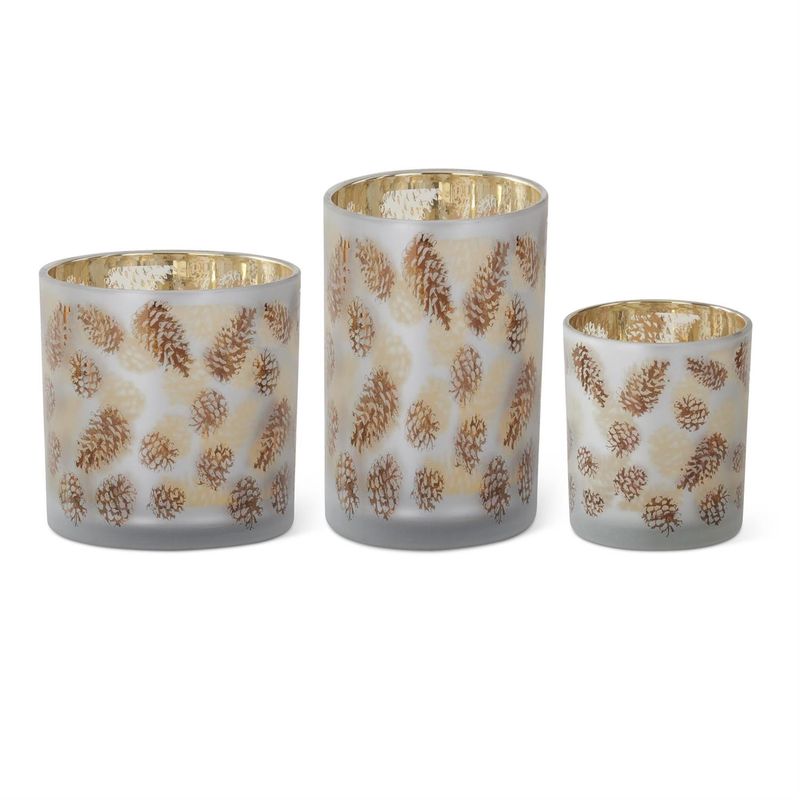 Candle Holder, 6" Frosted White Glass Gold Pinecone w/Gold