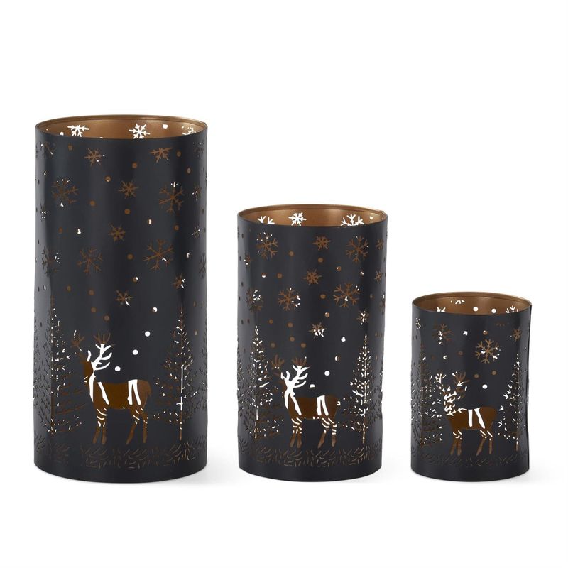 Votive Holders, Set/3 Black Metal Cutout w/Trees &amp; Deer