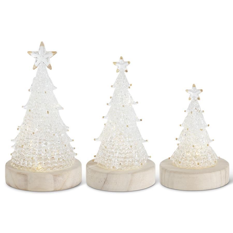 Trees, Set/3 Handcrafted Spun Glass LED Xmas on Wood Base W/Timer