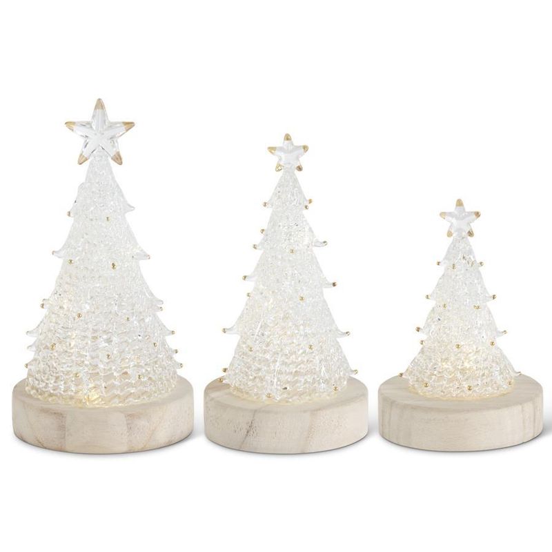 Trees, Set/3 Handcrafted Spun Glass LED Xmas on Wood Base W/Timer