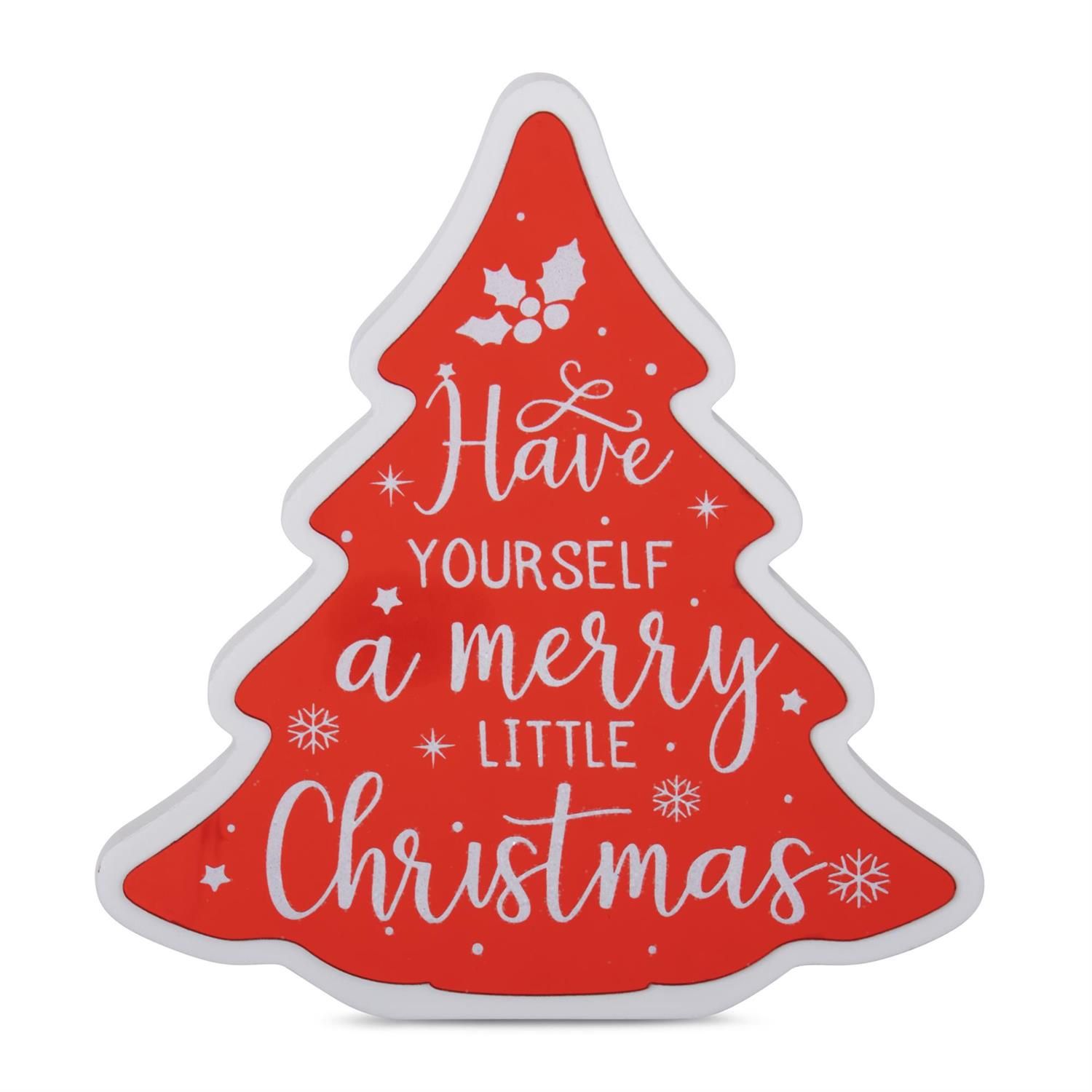 Sign, 7" Red/White Tree Shaped MERRY LITTLE XMAS