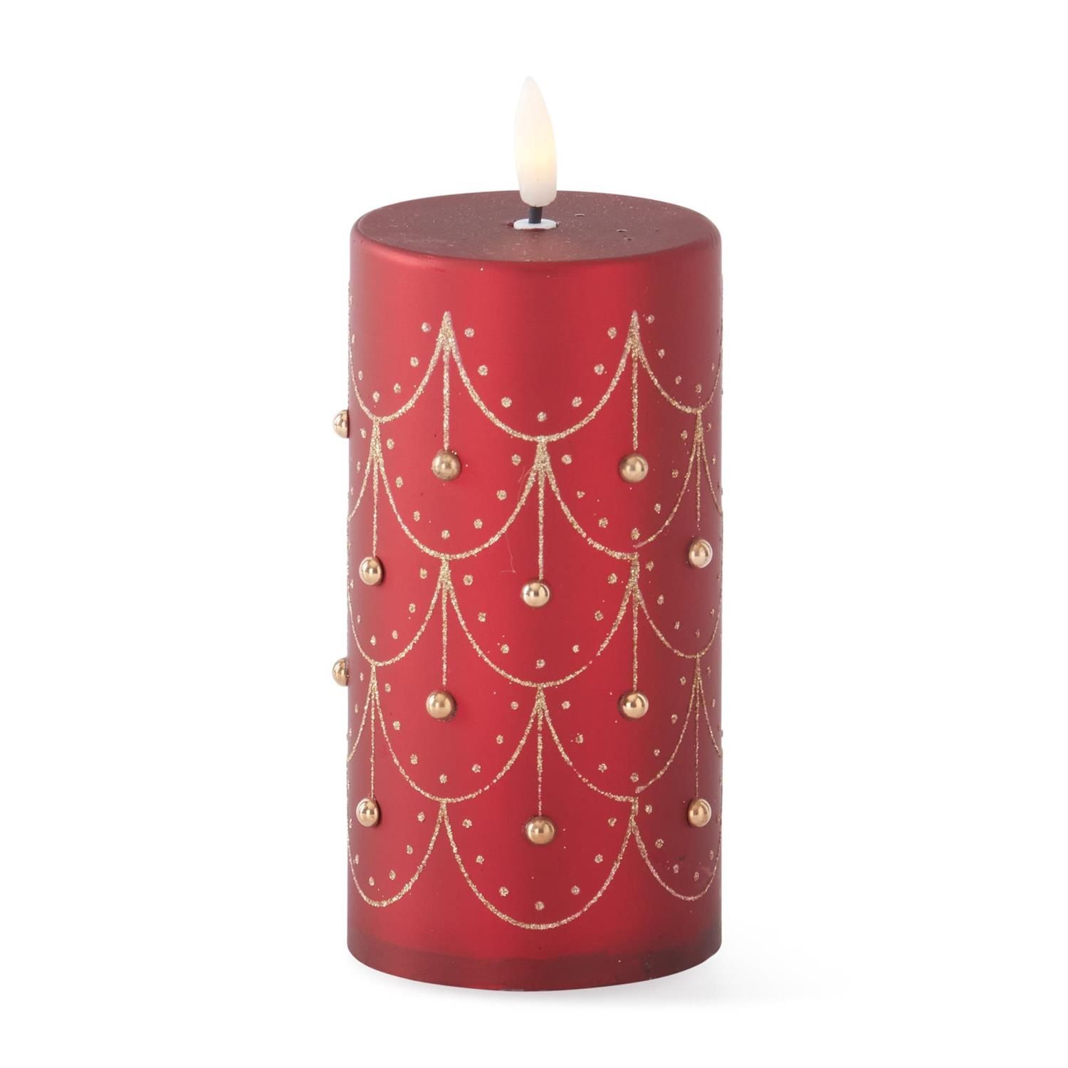 LED Candle, 6.75" Gold Trim red Pillar w/Timer