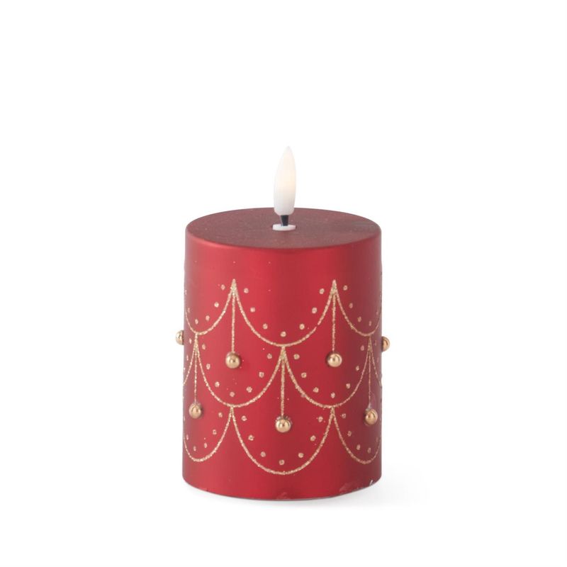 LED Candle, 5" Gold Trim Red Pillar w/Timer