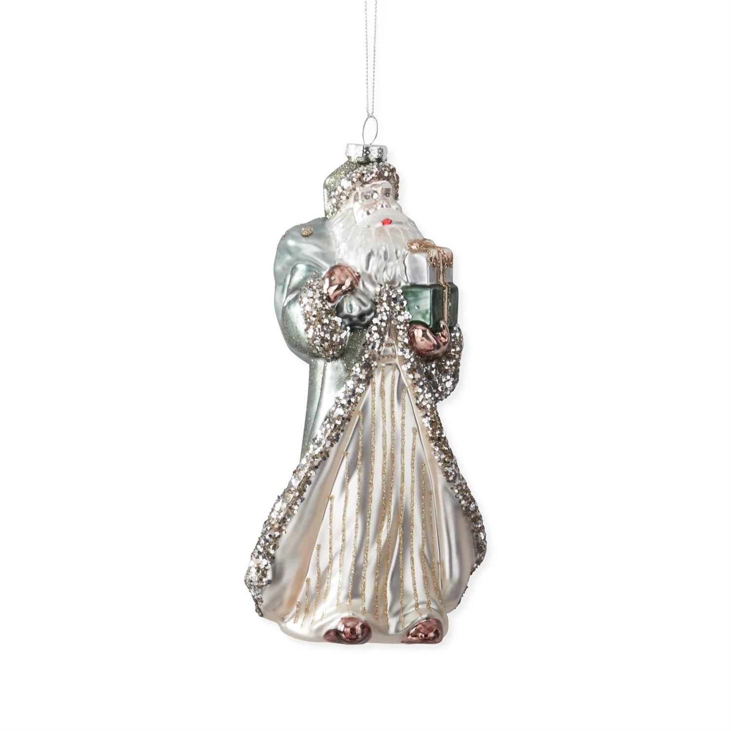 Ornament, 8" Silver Coat Blown Glass Vintage Santa