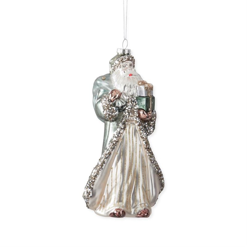 Ornament, 8" Silver Coat Blown Glass Vintage Santa