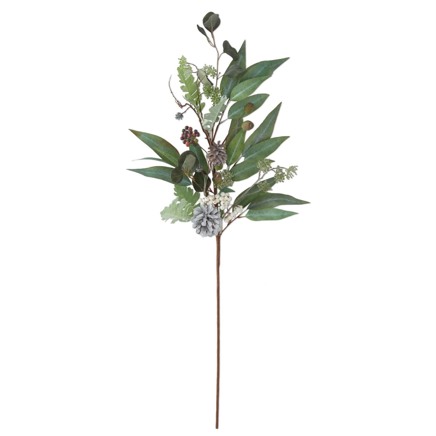 Stem, 44" Green Leaf w/White Berries &amp; Pinecones