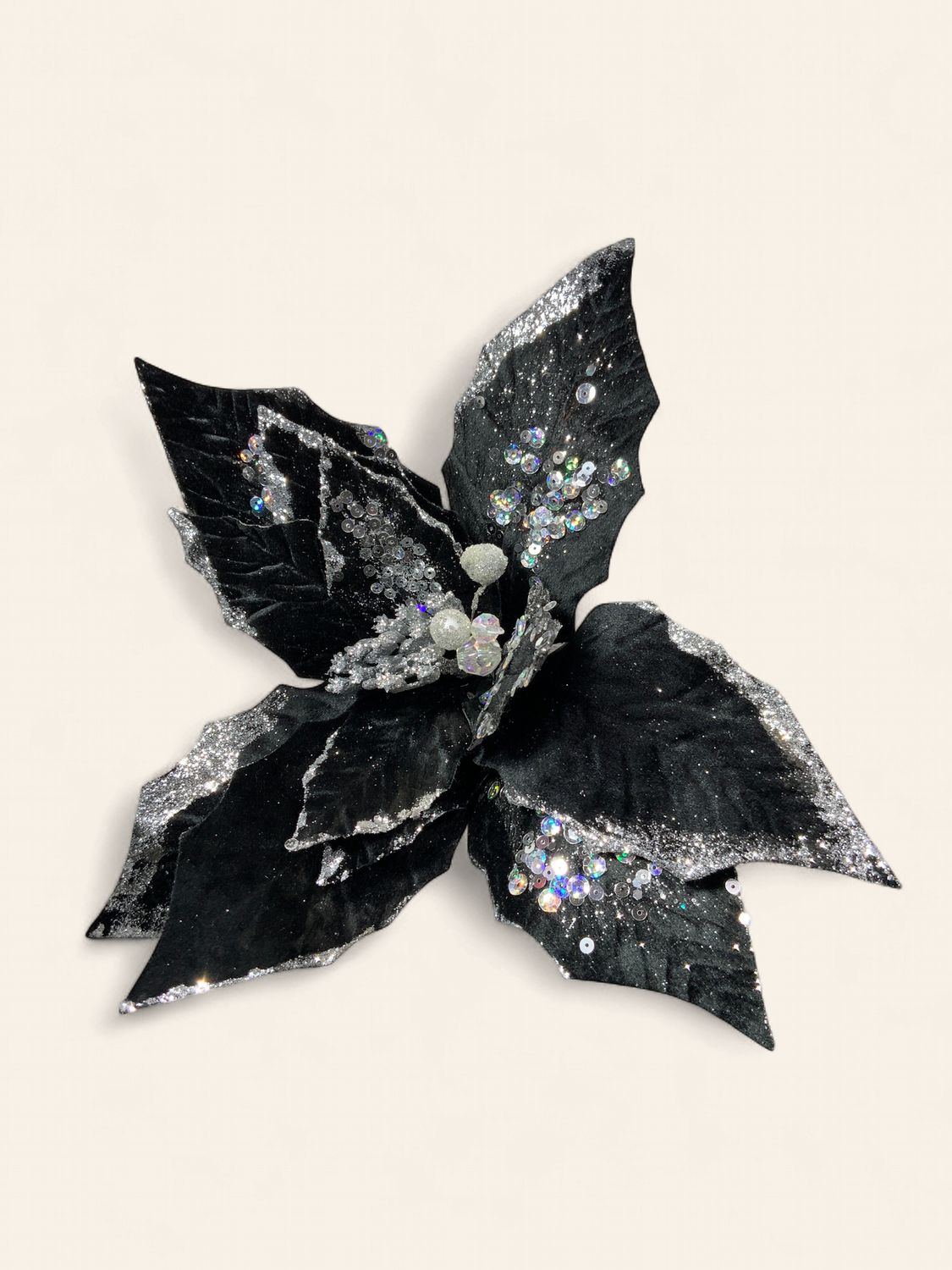 Poinsettia, Sequin on Velvet 17" Black