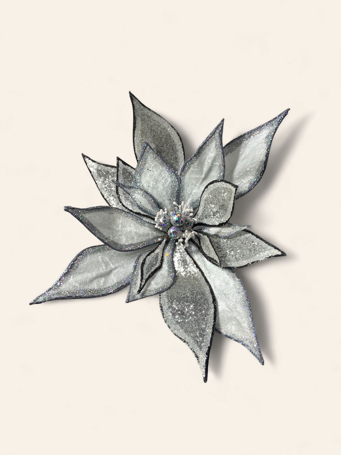 Stem, Poinsettia Slv Wht Blk 22" Glitter