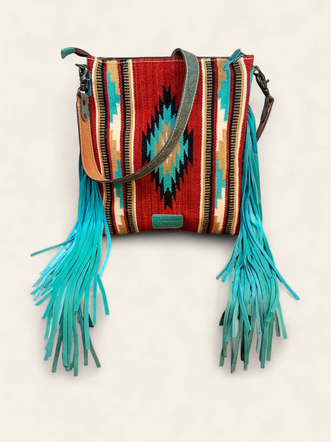 Crossbody, Woven w/fringe Turq handtoo