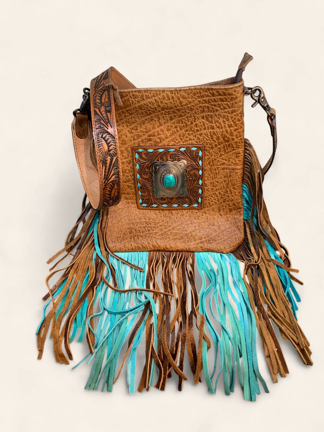 Crossbody, Turq &amp; Brown Fringe concealed