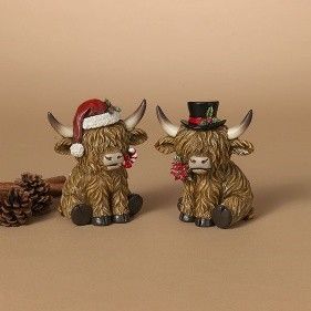 Figurine, 4.33" Resin Highland Cow 2 Asst Hat
