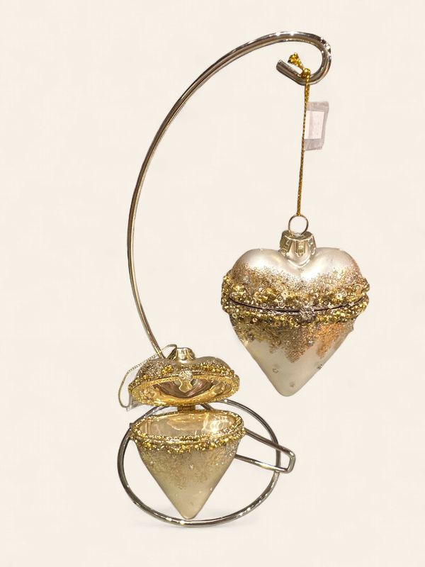 Ornament, Hinged Hert Glass w/Sequins Gold/Champagne