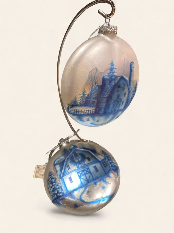 Ornament, Delft Xmas Barn Scene Glass Disc