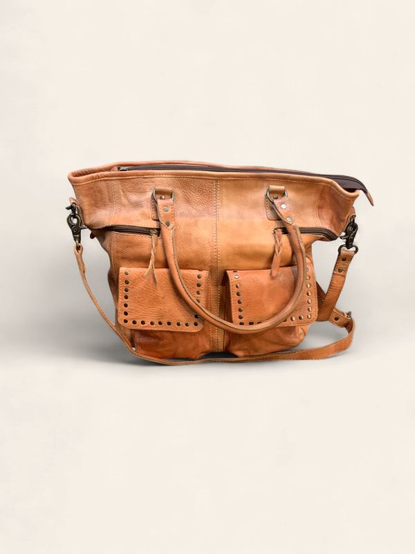 Tote, Genuine Leather w/Studs on Pocket Edges