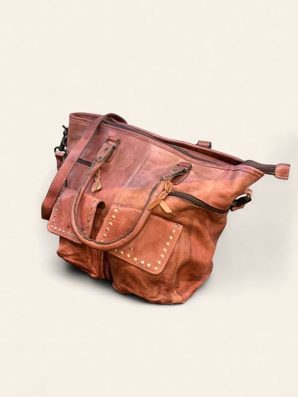 Tote, Multi Zip &amp; Studded Pocket Genuine Leather