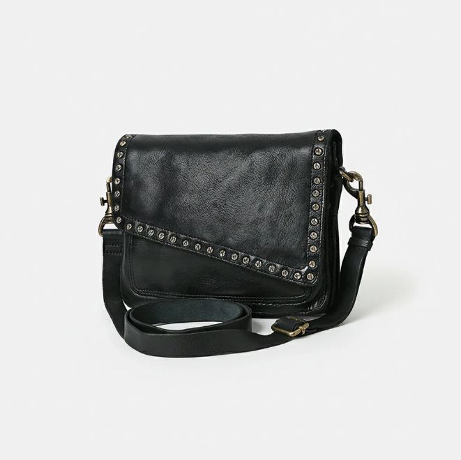 Crossbody, Slender Black Leather Genuine Leather