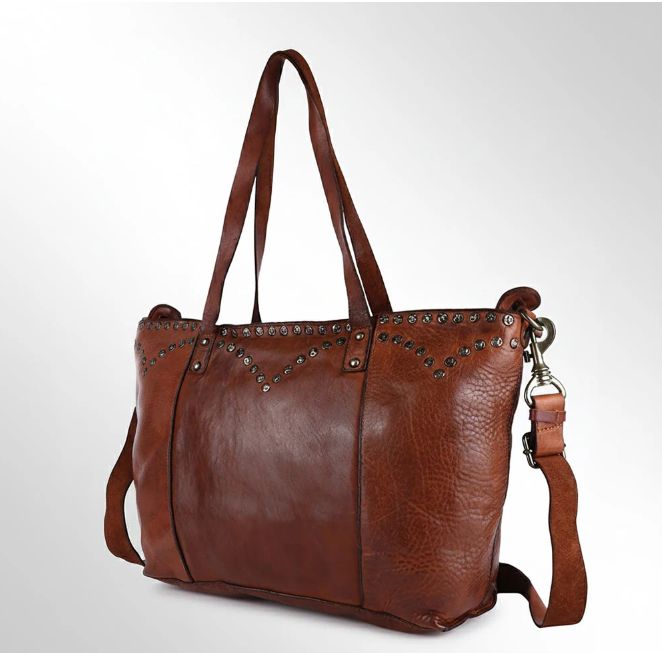 Handbag, Studded Starburst Dk Brown Genuine Leather