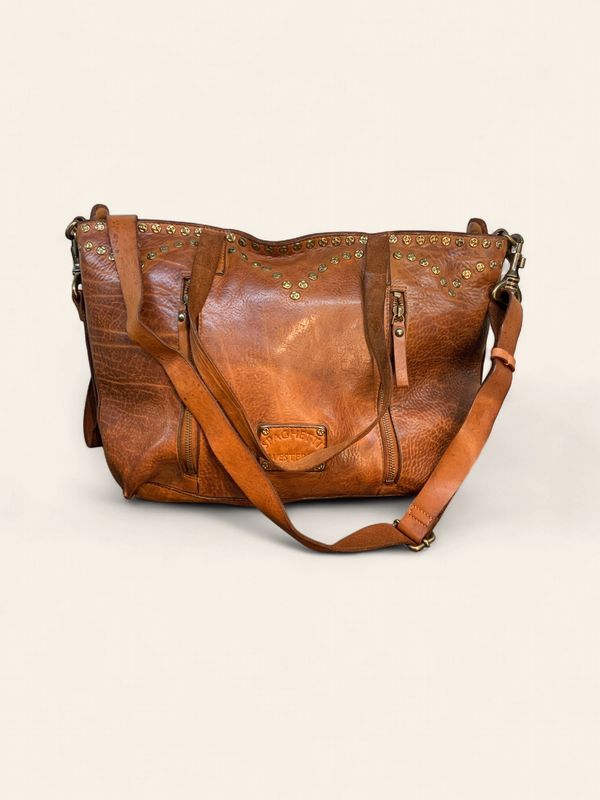 Tote, Scalloped Studs Brown Genuine Leather