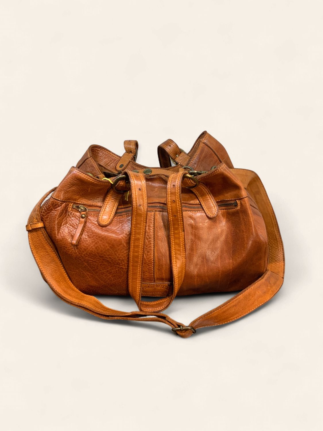 Handbag, Pleated Brown Genuine Leather