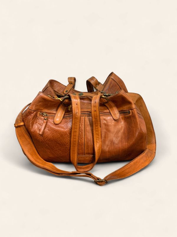 Handbag, Pleated Brown Genuine Leather