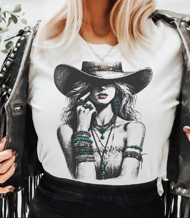 T-Shirt, Turq. Cowgirl Ice Gray Bling
