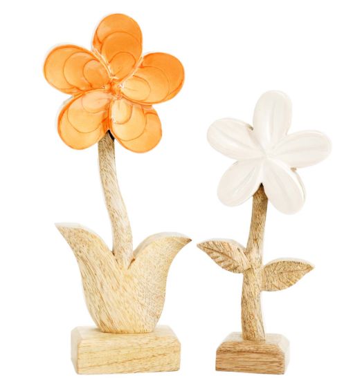 Tabletop, Set/2 Scalloped Enamel Orange/White Wood Daisies