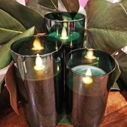 LED Candle, Dk Green Glass Set/3 3"x5"/6"/7"
