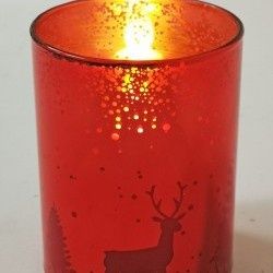 LED Candle, Deer/Tree Red Glass 3x4