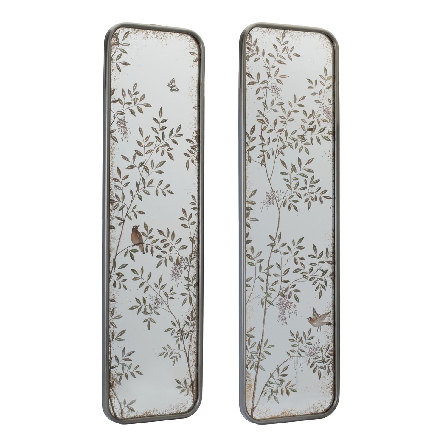 Mirror, Metal/Glass Branches &amp; Birds 10"x36" Set/2