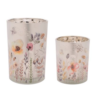 Candle Holder, Set/2 Mixed Flowers over Silver