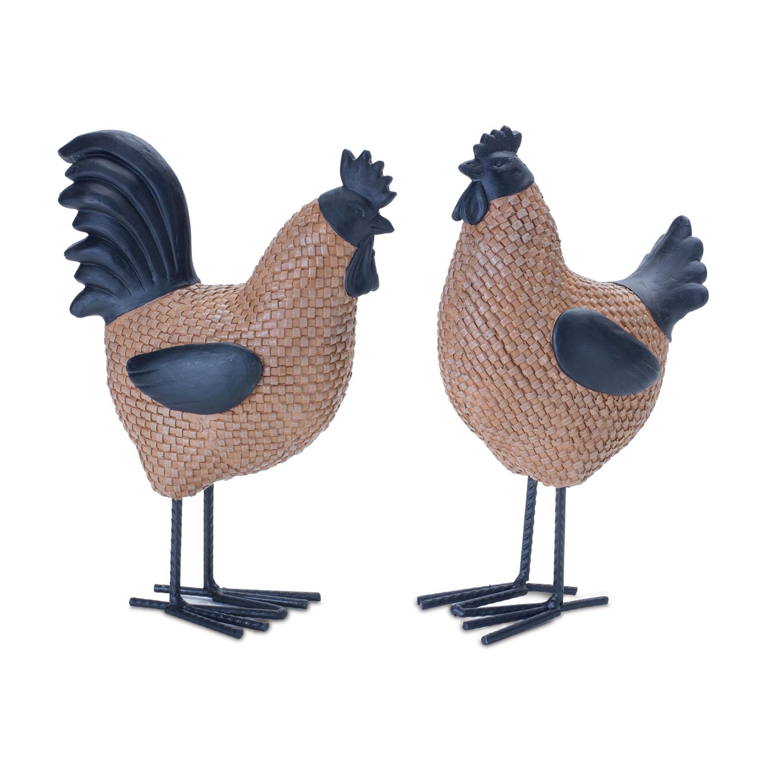 Figurine, Set/2 Hen &amp; Rooster 9" Black/Brown