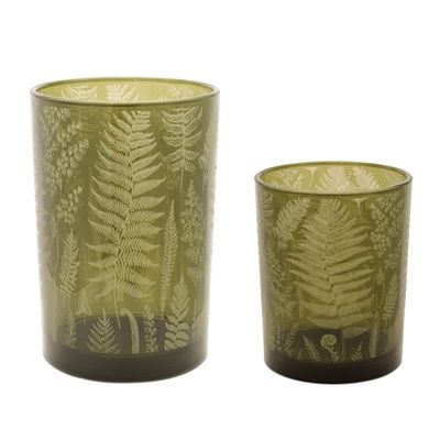 Candle Holder, Set/2 Dk Green Etched Fern