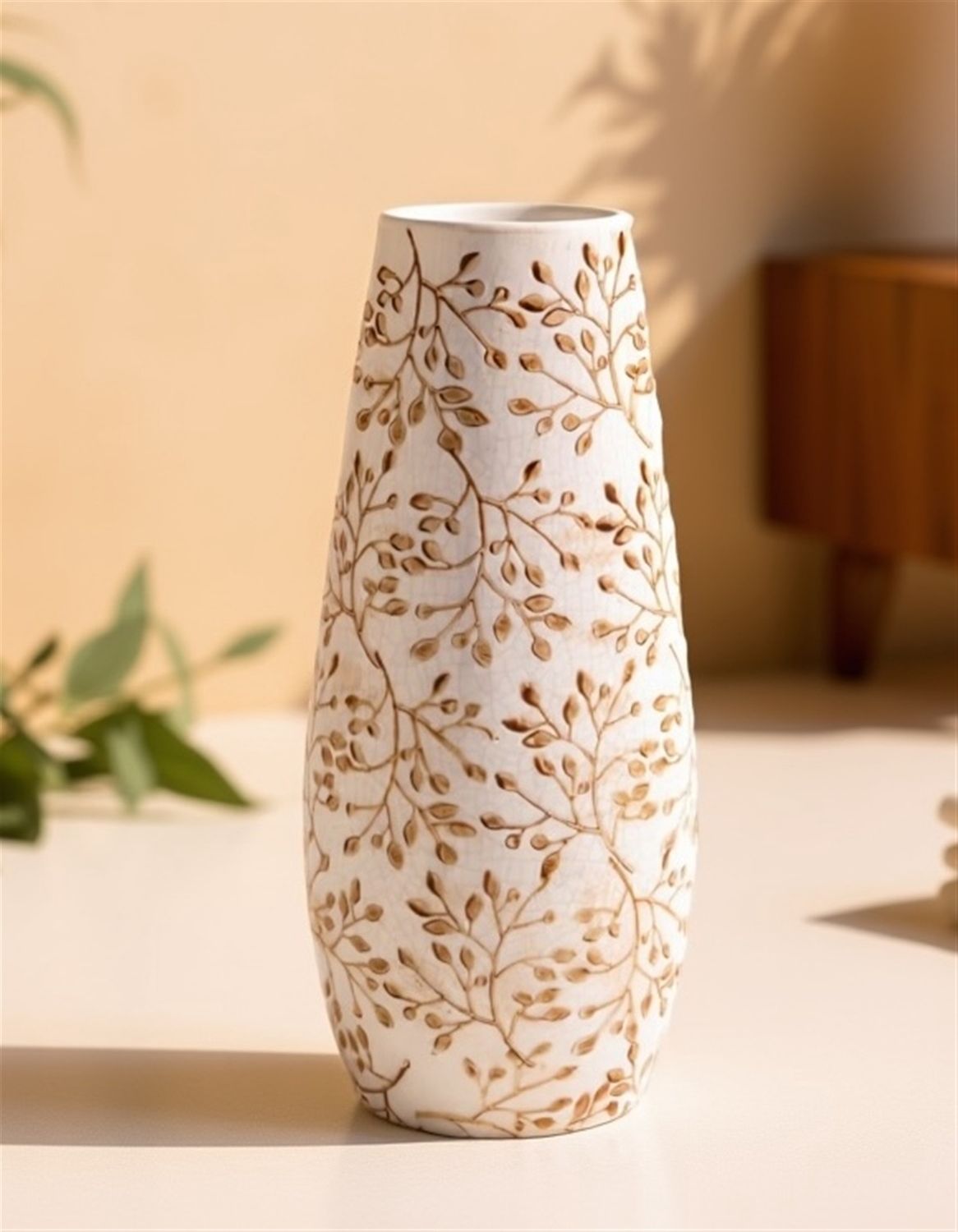 Vase, 12.5" Cream w/Brown Vine Ceramic