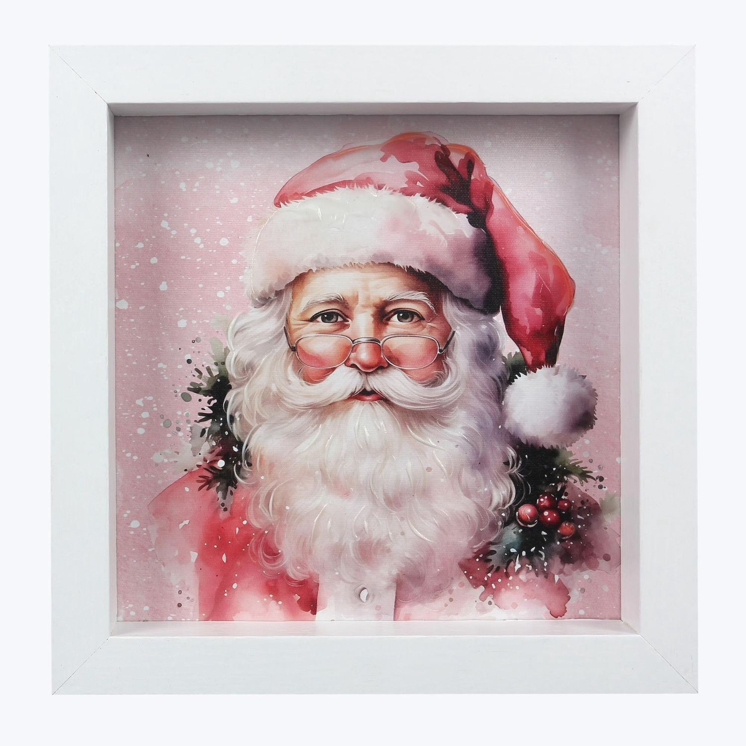 Wall Decor, Wood Framed Pink Santa Canvas 11"Sq.