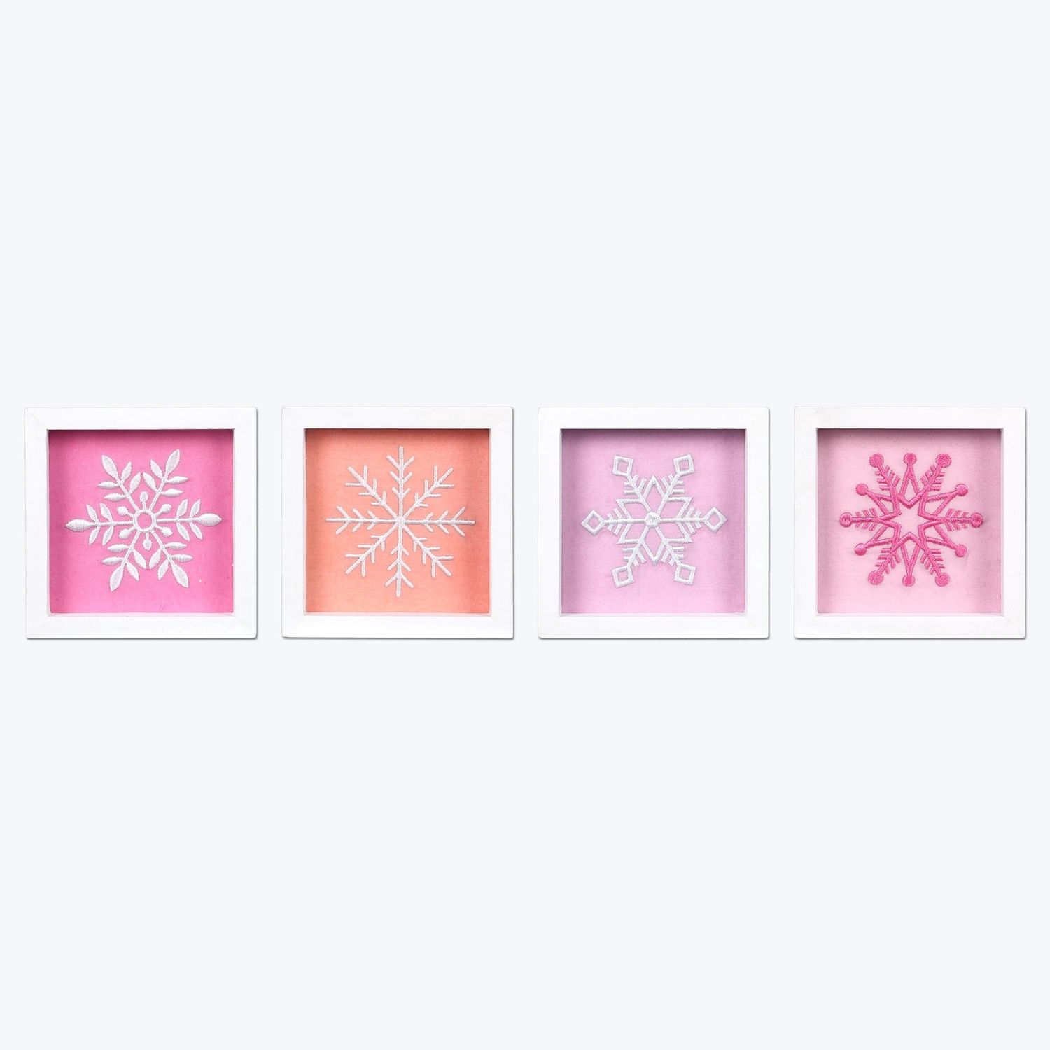 Box Sign, White Wood Pink Stitched Snowflake 4 Asst
