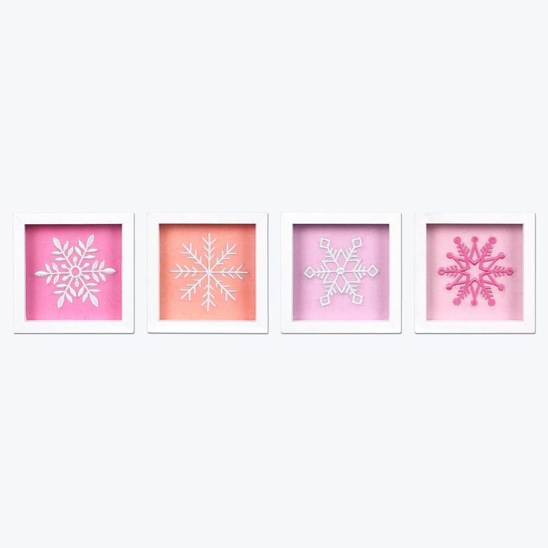 Box Sign, White Wood Pink Stitched Snowflake 4 Asst
