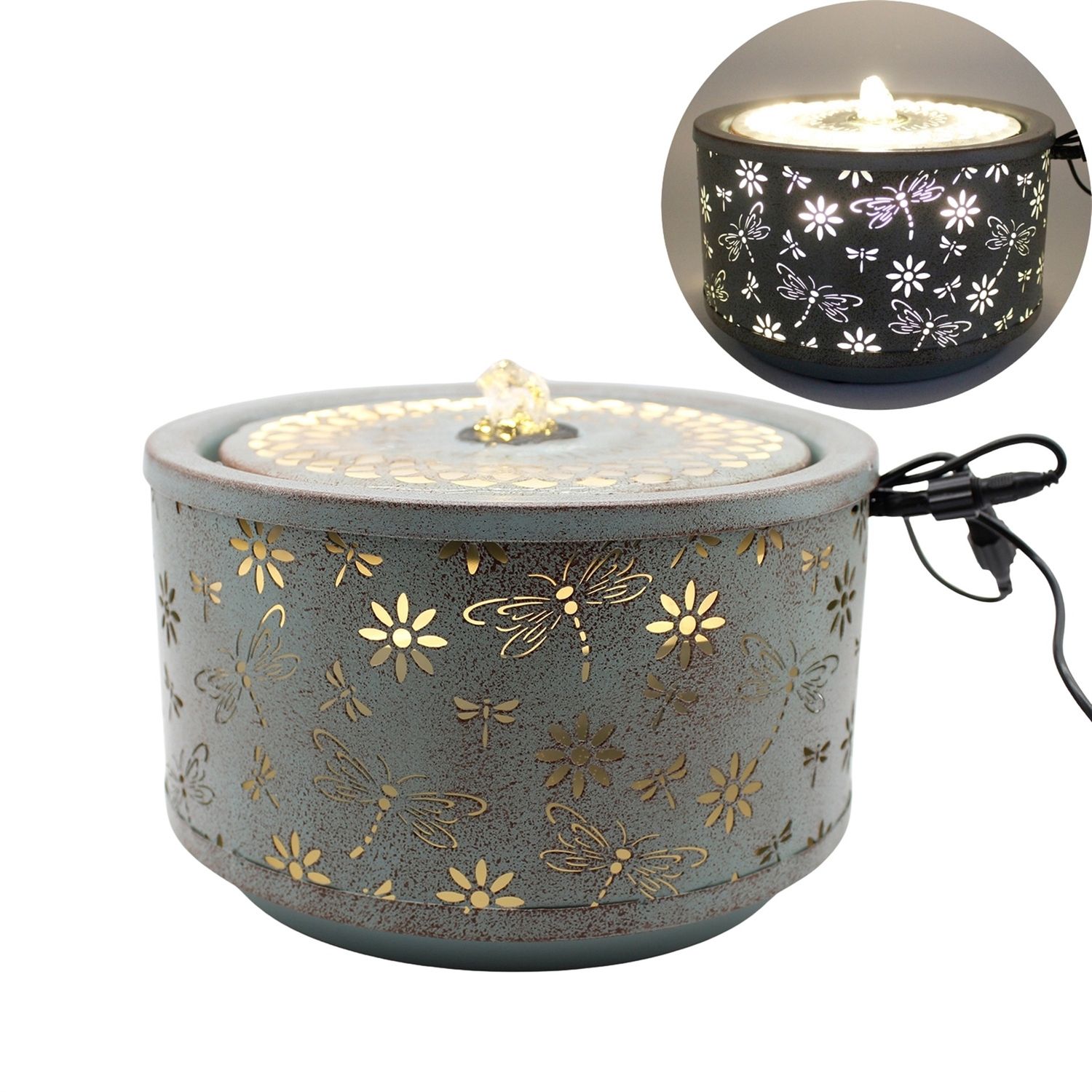 Fountain, LG Daisy &amp; Dragonfly Lighted Green