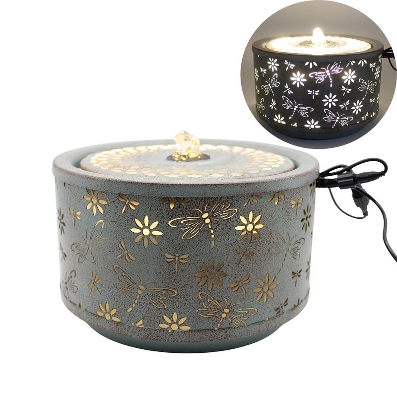 Fountain, LG Daisy &amp; Dragonfly Lighted Green