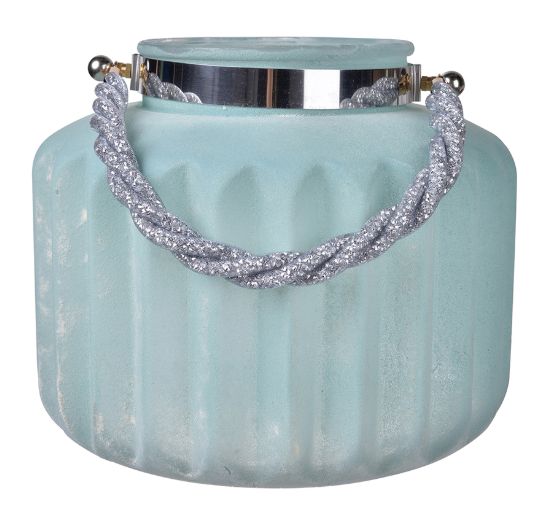 Lantern, Frosted Turq. w/ Glitter Rope Handle