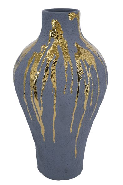 Vase, Charcoal w/Gold Dripping 16"
