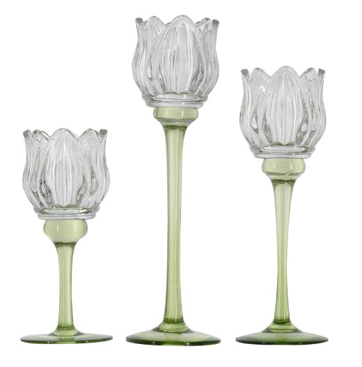 Candle Holder, Set/3 Green/White Tulip Glass