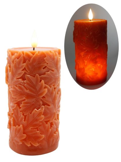 Candle, LG Orange Leaf LED Pillar w/Pillar 3x3x6"