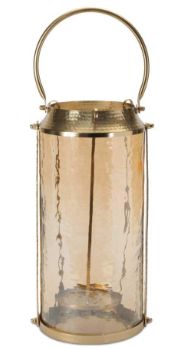 Lantern, Amber Glass Antiq. Gold Metal w/Handle
